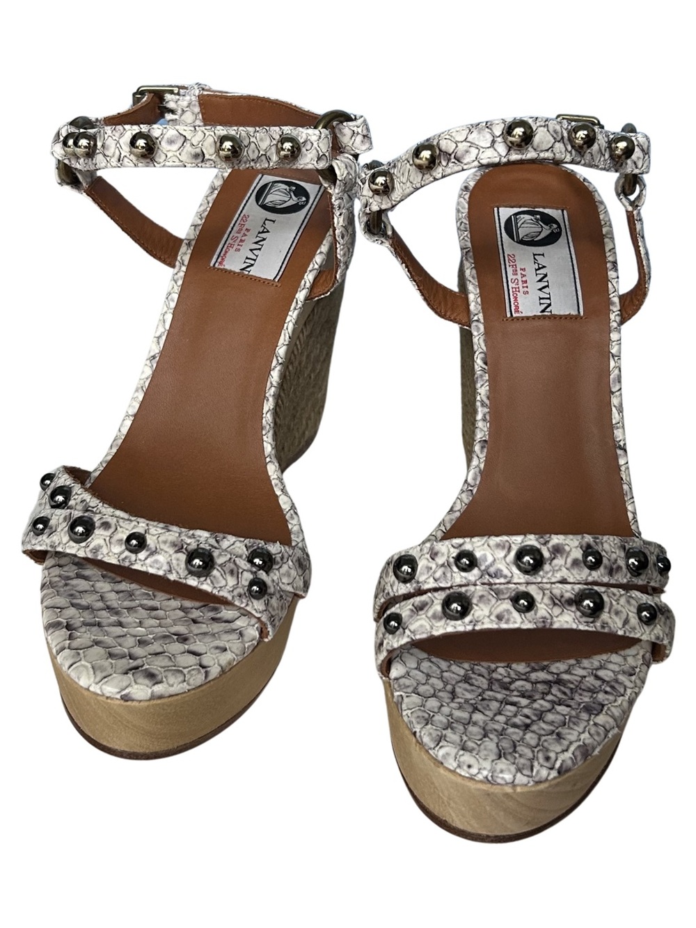 Lanvin Gold Snakeskin Studded Wedge Sandals 38